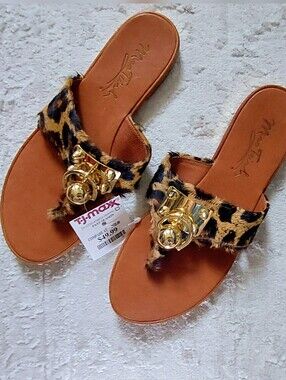 Miss Trish Gold Metal Embellished Leopard Hair On Hide Slide Sandals